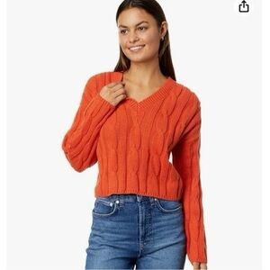 Madewell Cozy Roasted Squash Orange Cable Knit V-Neck Sweater Large